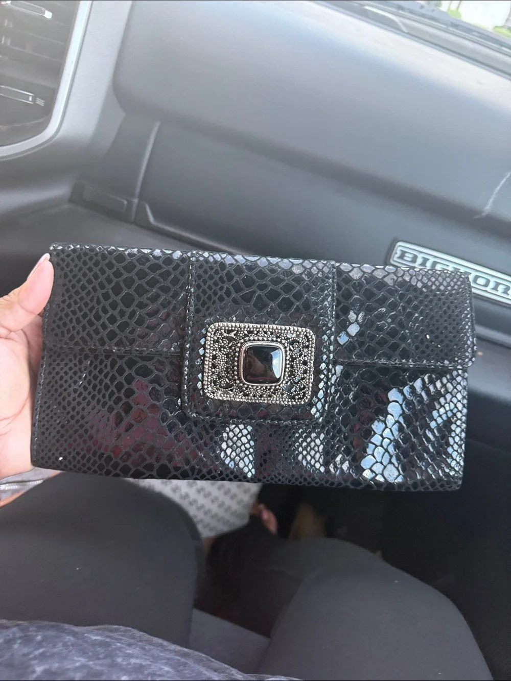 Black Snake-Embossed Gloss Clutch with Jeweled Buckle
